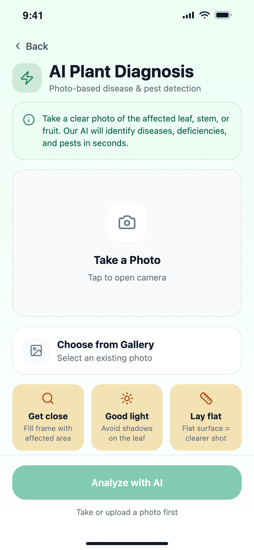 The AI Plant Diagnosis screen, offering to take a photo or choose one from the gallery, with tips on getting a clear shot