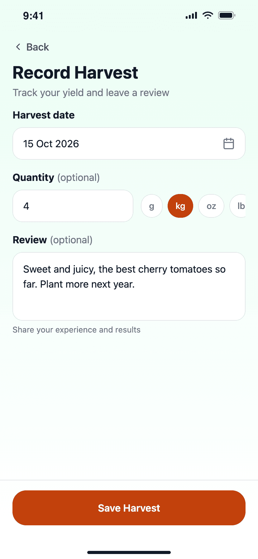 The Record Harvest form, logging 4 kg of cherry tomatoes with a short review