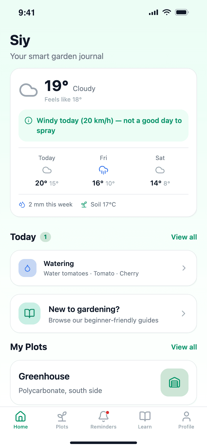 The Siy home screen, showing today's weather with gardening advice, the tasks due today and your plots