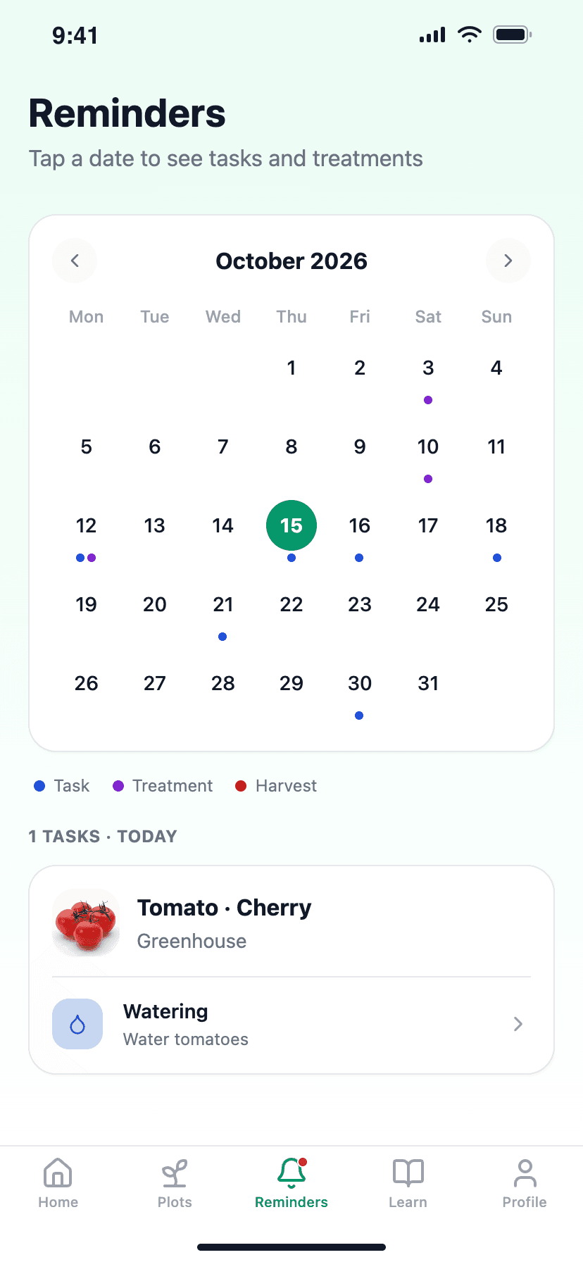The Reminders screen, with a monthly calendar of tasks, treatments and harvests and today's watering task