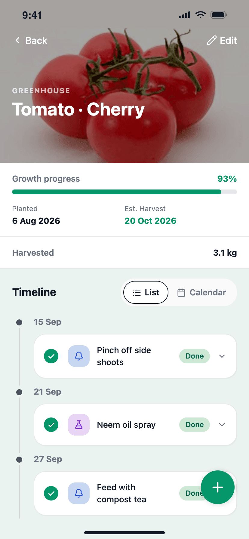 A cherry tomato planting with its growth progress, expected harvest date, total harvested and a dated timeline of completed tasks and treatments