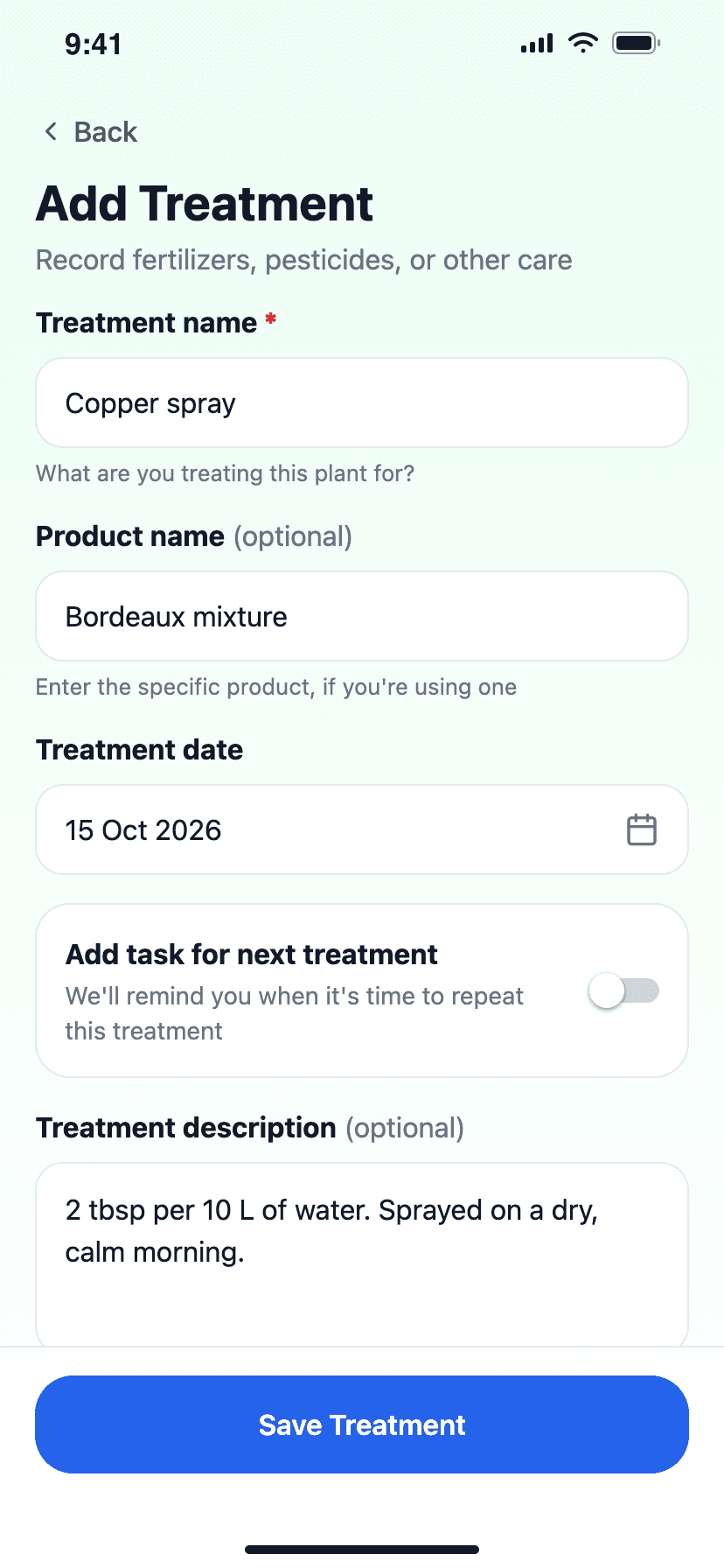 The Add Treatment form, filled in for a copper spray with Bordeaux mixture, its date and the dose used